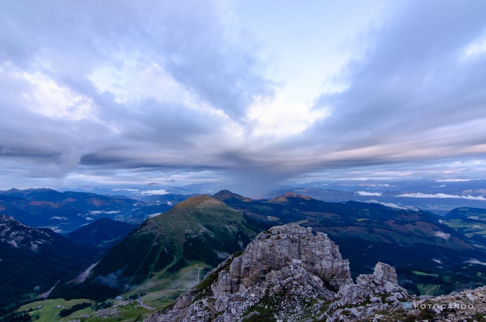 Panorama from above under a sky of clouds, at dawn, July 2021